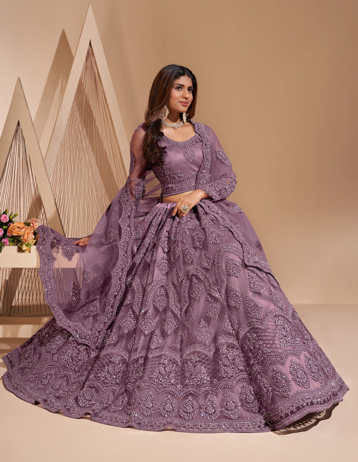 Lilac Color Resham Embroidered Net Lehenga