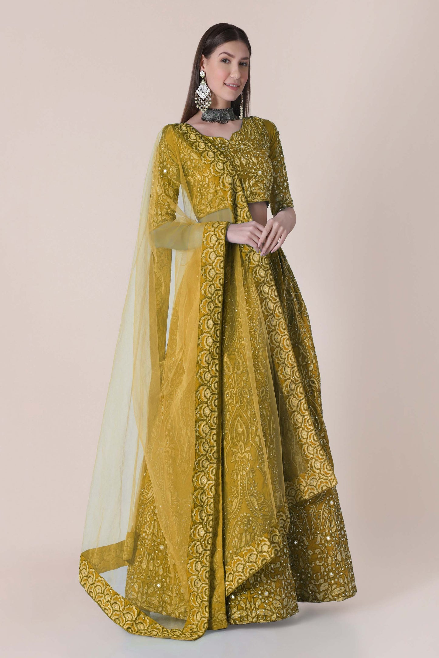 Yellow Color Embroidered Taffeta Silk Lehenga