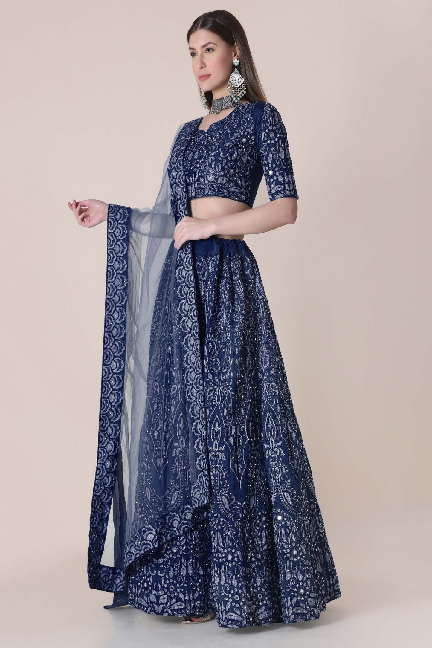 Blue Color Embroidered Taffeta Silk Lehenga