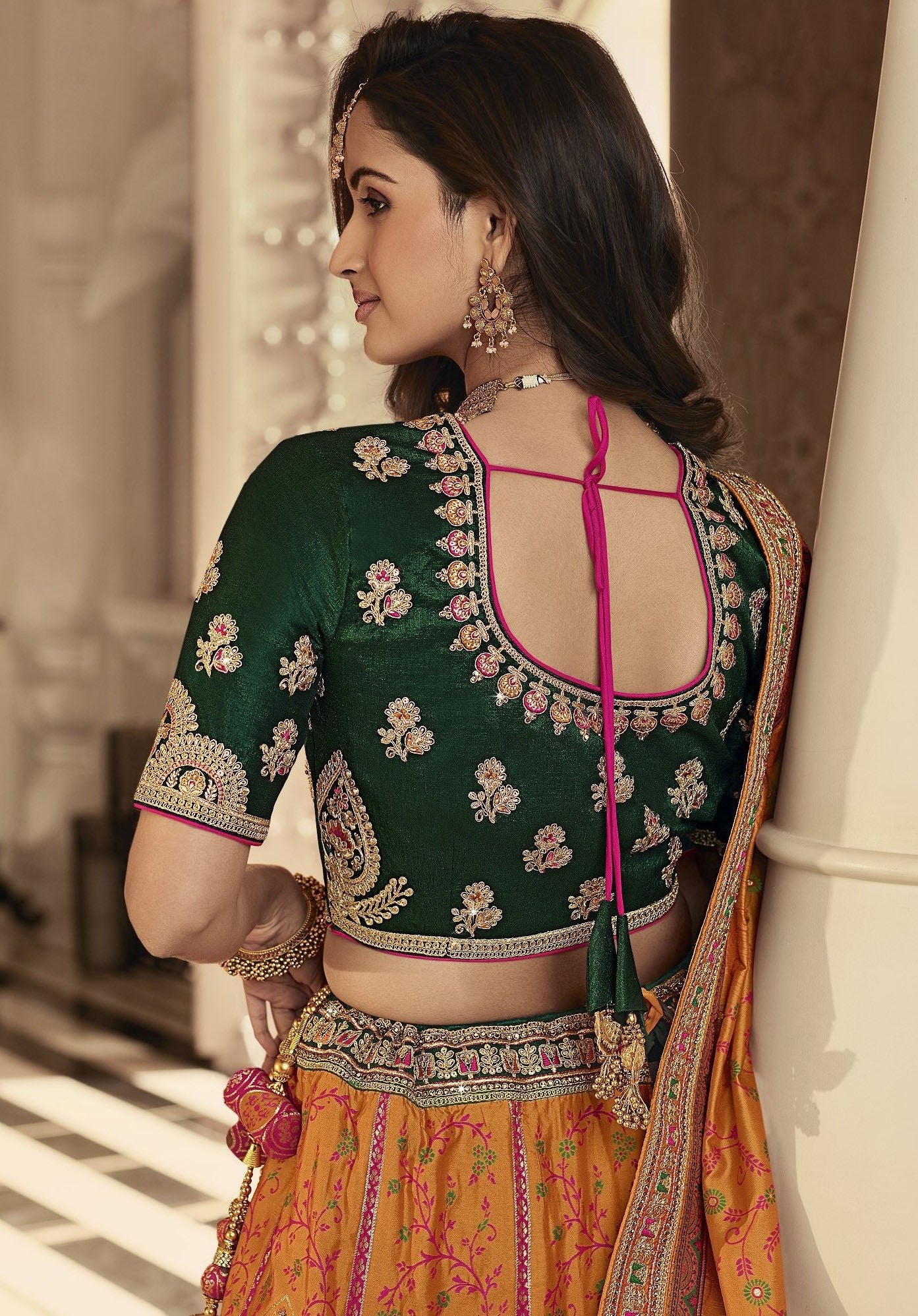 Green and Orange Zari Embroidered Bridal Lehenga