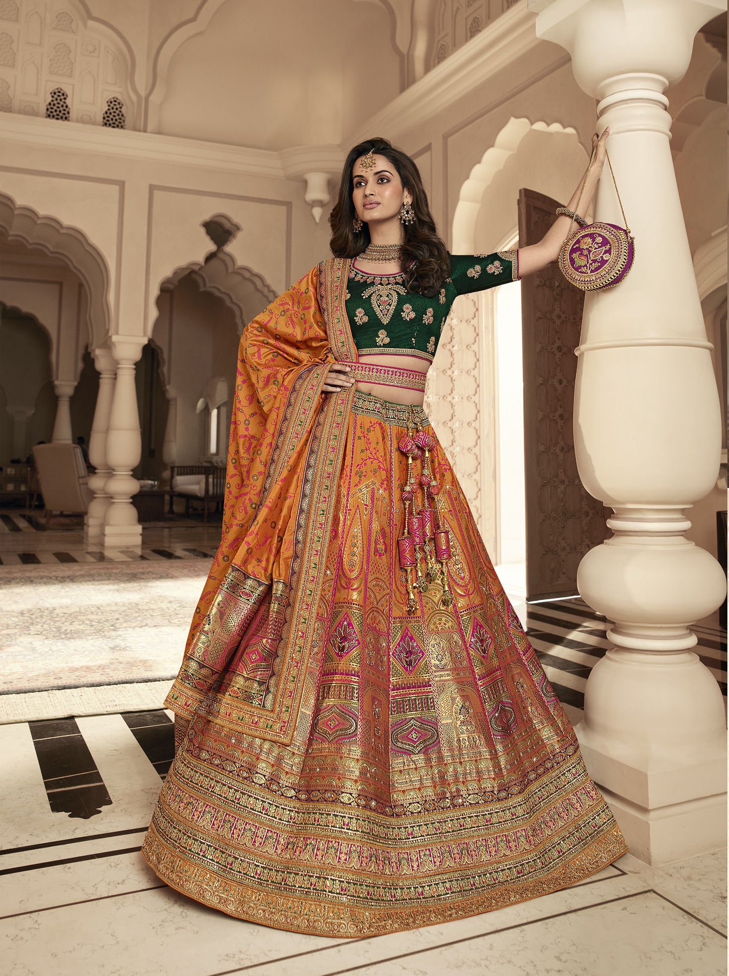 Green and Orange Zari Embroidered Bridal Lehenga