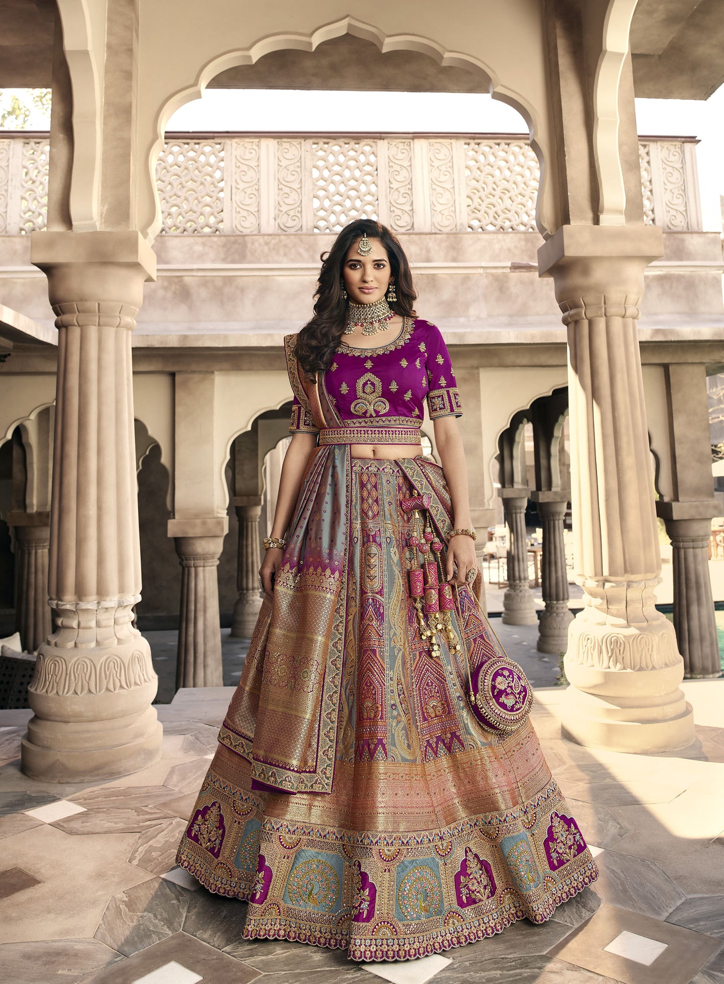 Dark Pink Color Zari Embroidered Bridal Lehenga