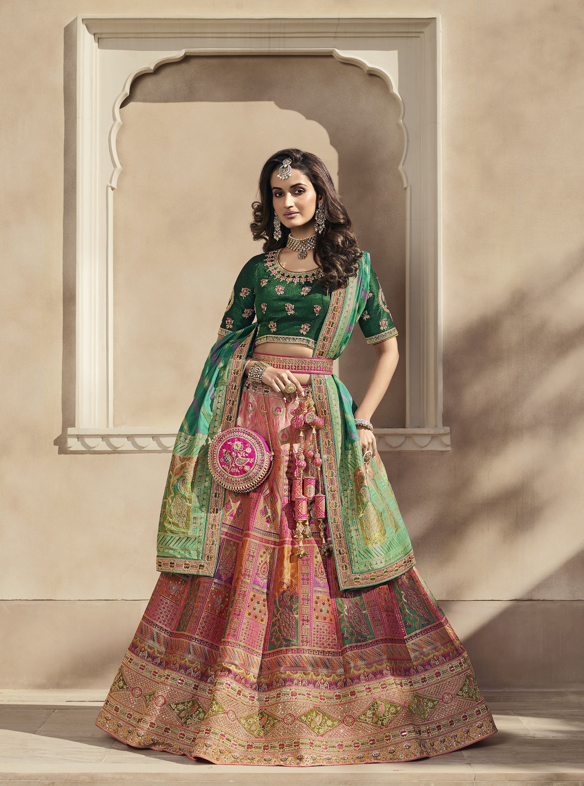 Dark Pink Color Zari Embroidered Bridal Lehenga