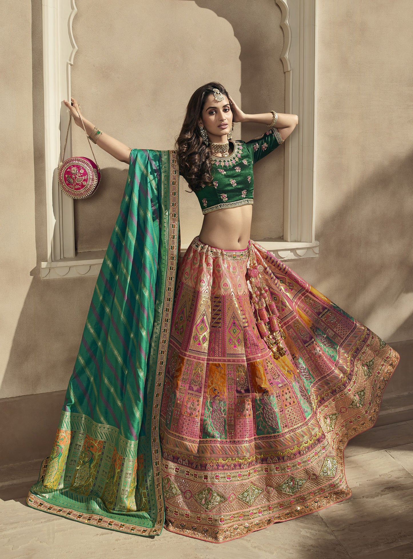 Dark Pink Color Zari Embroidered Bridal Lehenga