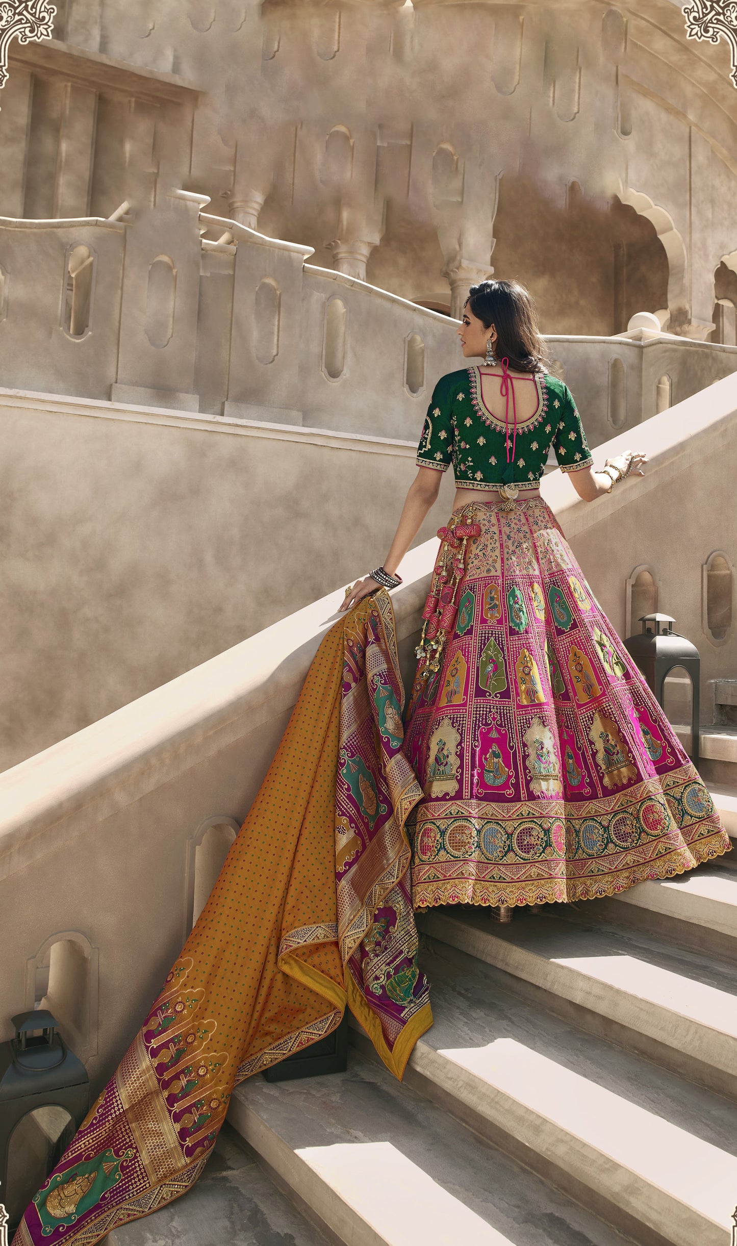 Dark Pink and Green Color Zari Embroidered Bridal Lehenga