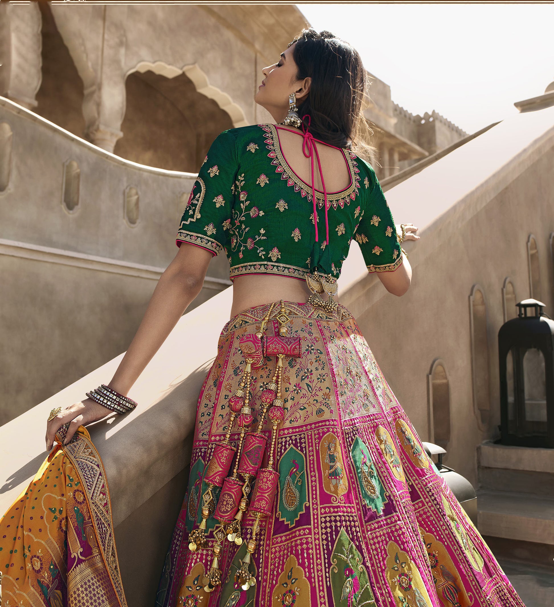 Dark Pink and Green Color Zari Embroidered Bridal Lehenga