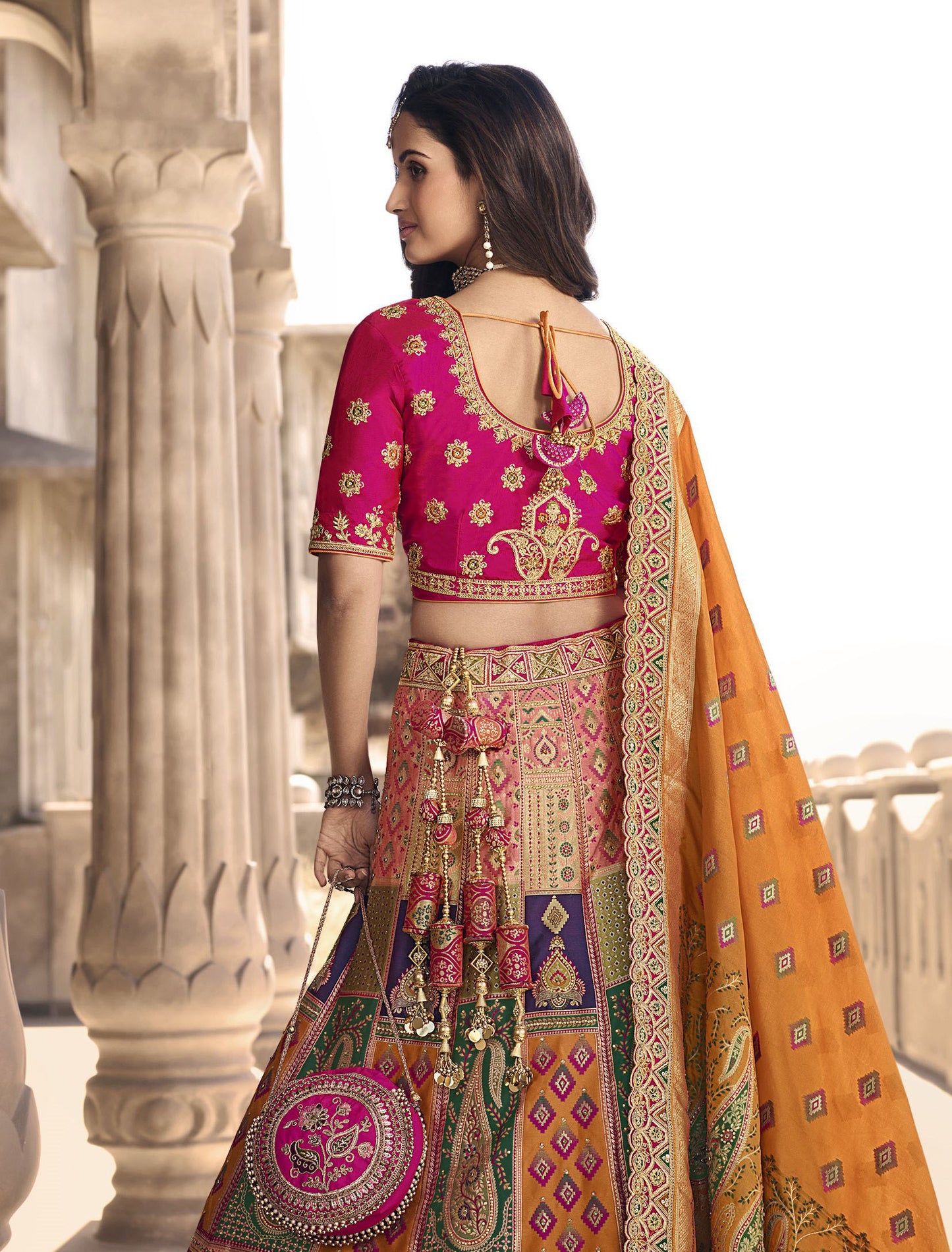 Multi and Pink Color Zari Embroidered Bridal Lehenga