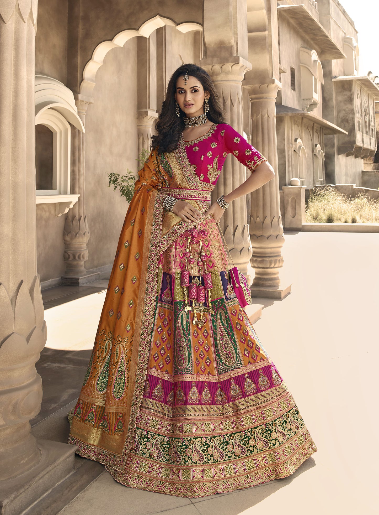 Multi and Pink Color Zari Embroidered Bridal Lehenga