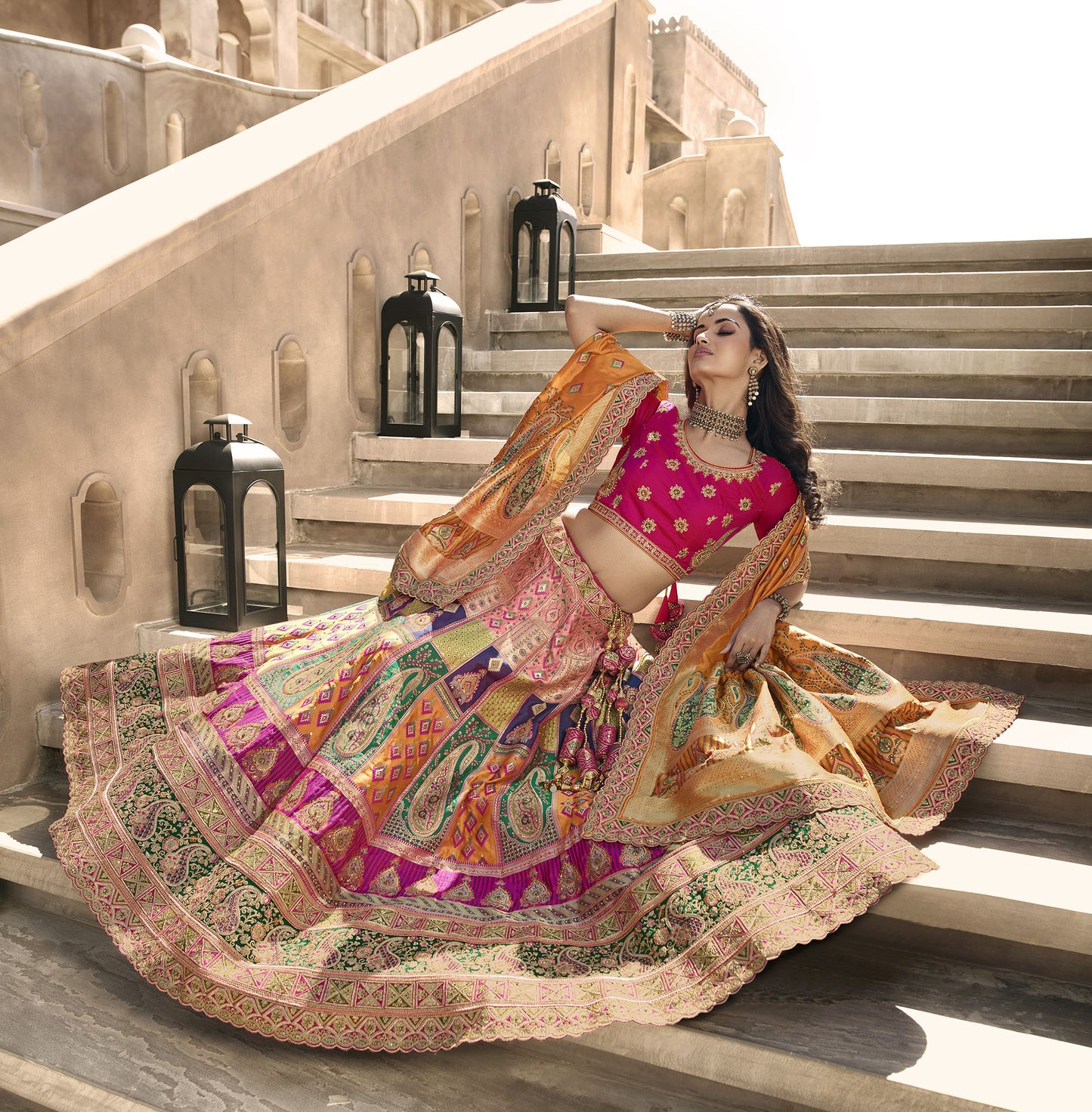 Multi and Pink Color Zari Embroidered Bridal Lehenga