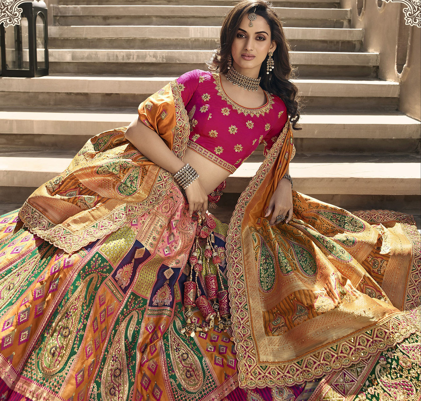 Multi and Pink Color Zari Embroidered Bridal Lehenga