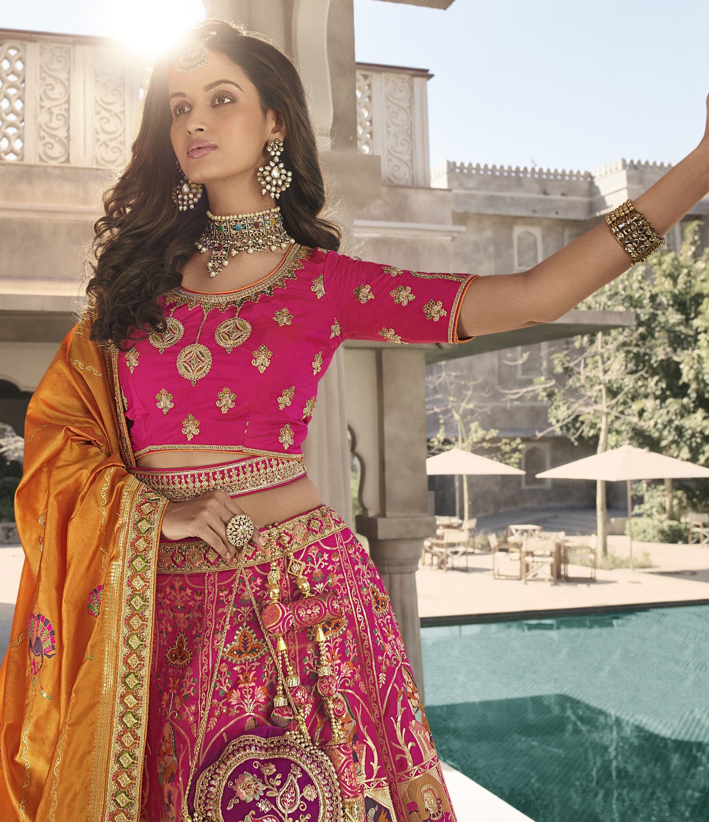 Pink And Orange Embroidery Bridal Lehenga Choli