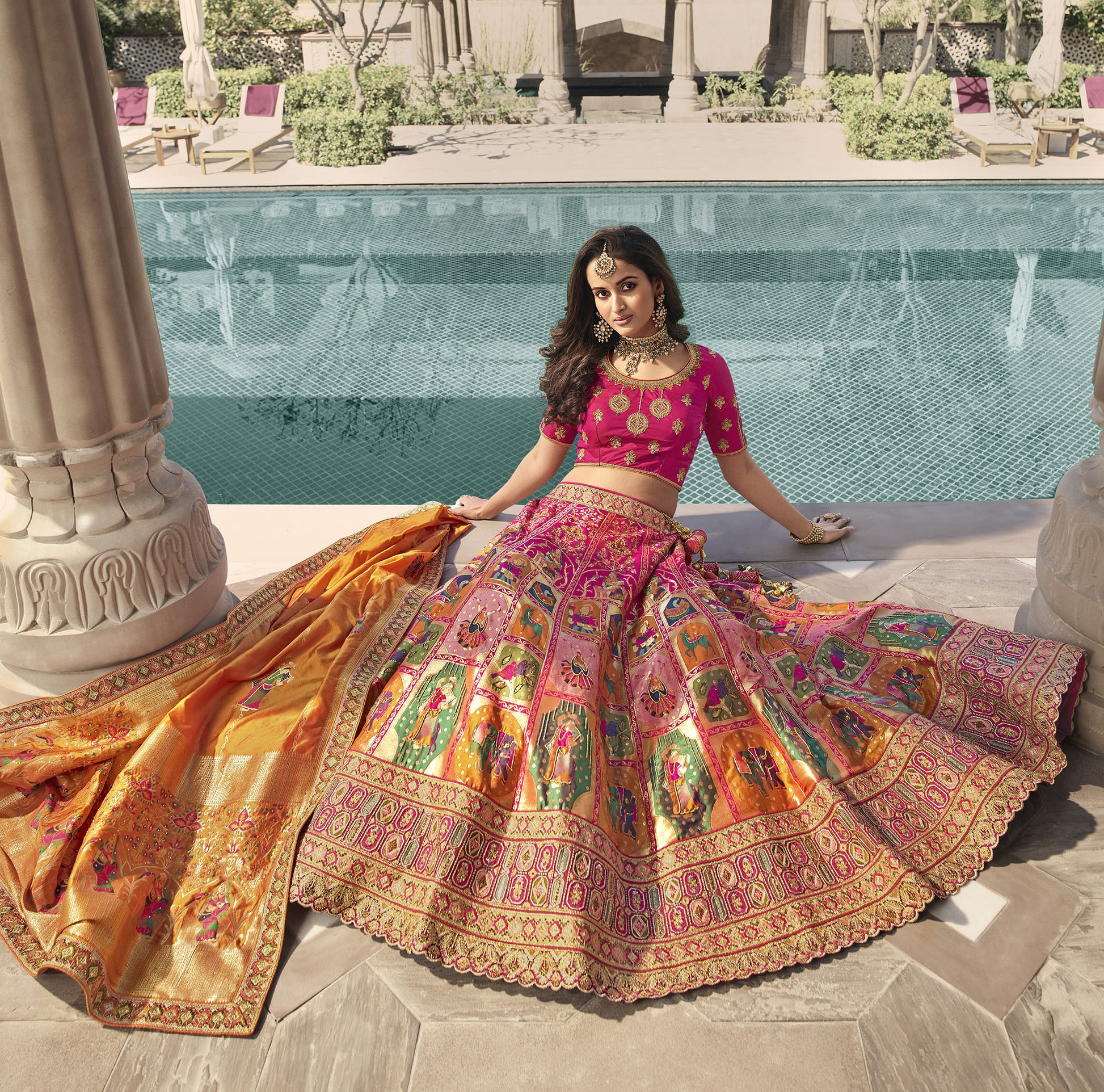 Pink And Orange Embroidery Bridal Lehenga Choli