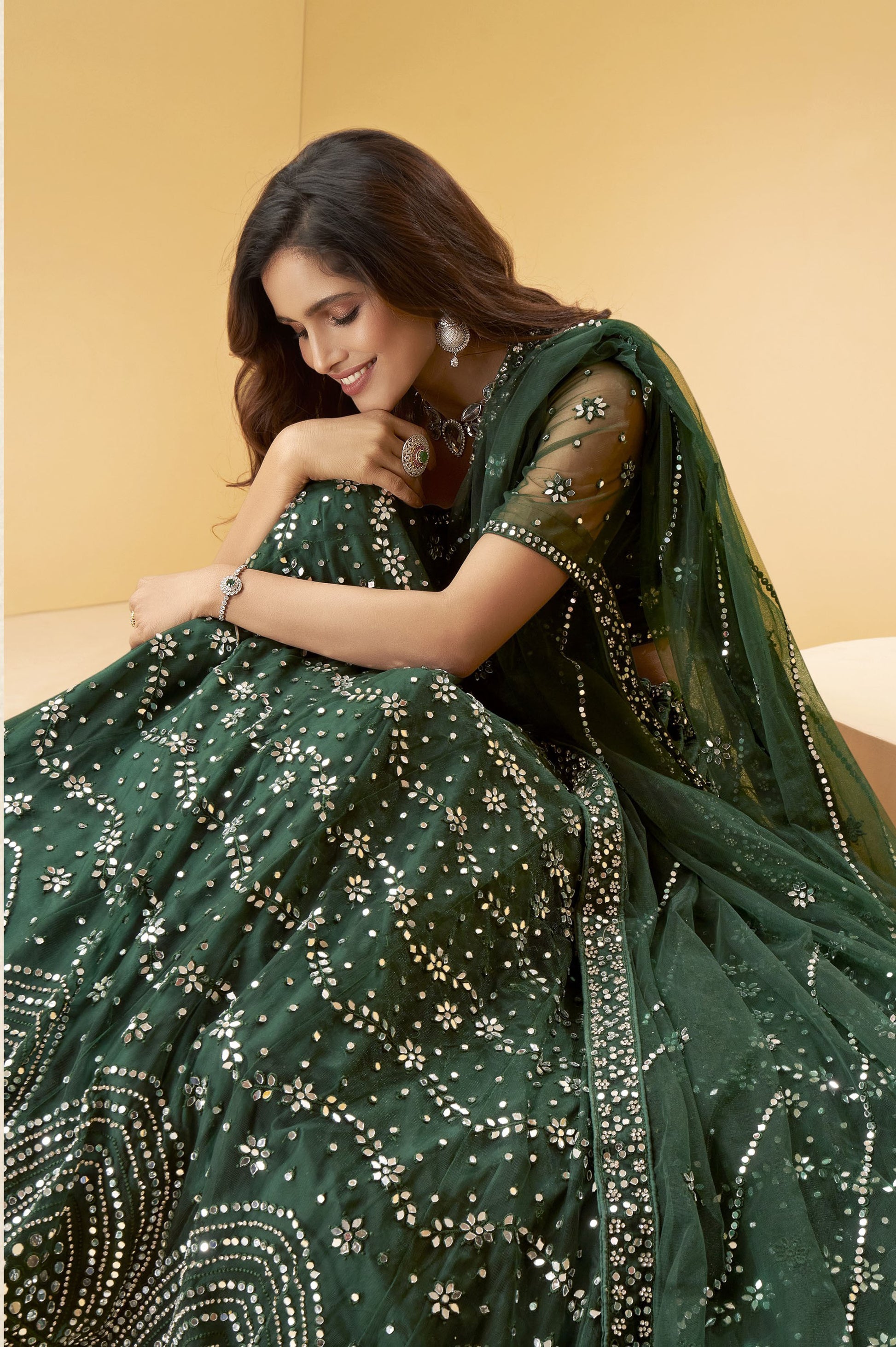 Green Color Mirror Embroidered Net Lehenga