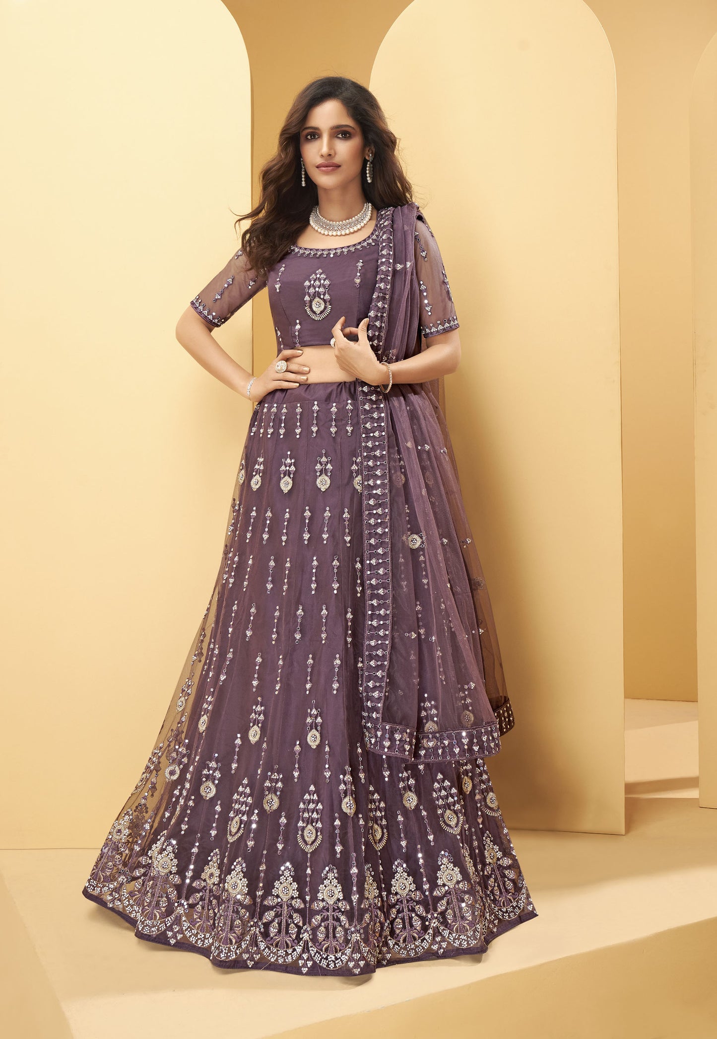 Mauve Color Mirror Embroidered Net Lehenga