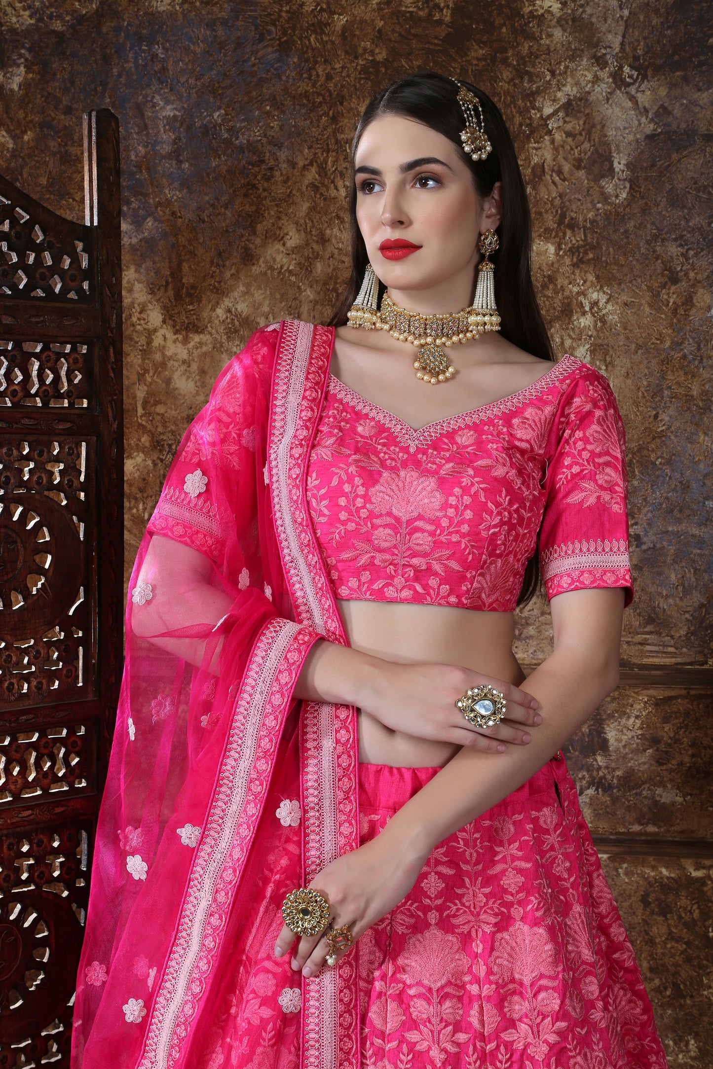 Pink Color Georgette Resham Embroidery Lehenga