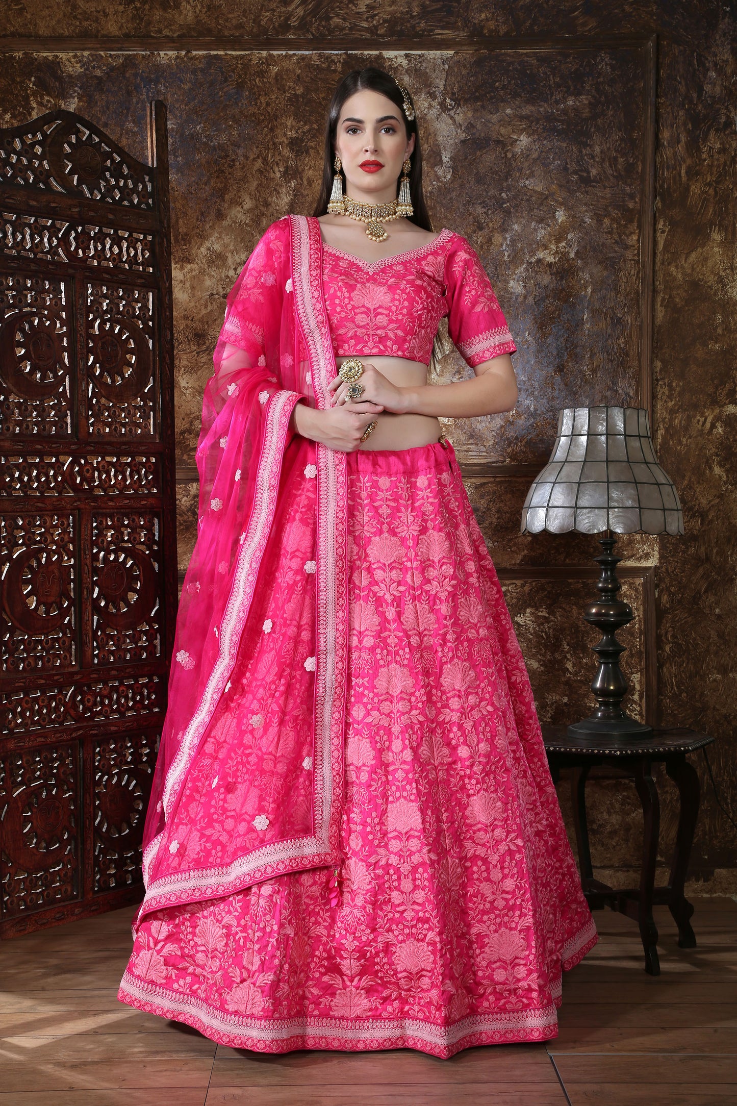 Pink Color Georgette Resham Embroidery Lehenga