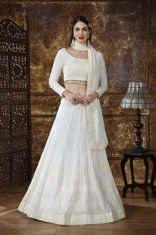 White Georgette Embroidery Wedding Guest Lehenga 1083