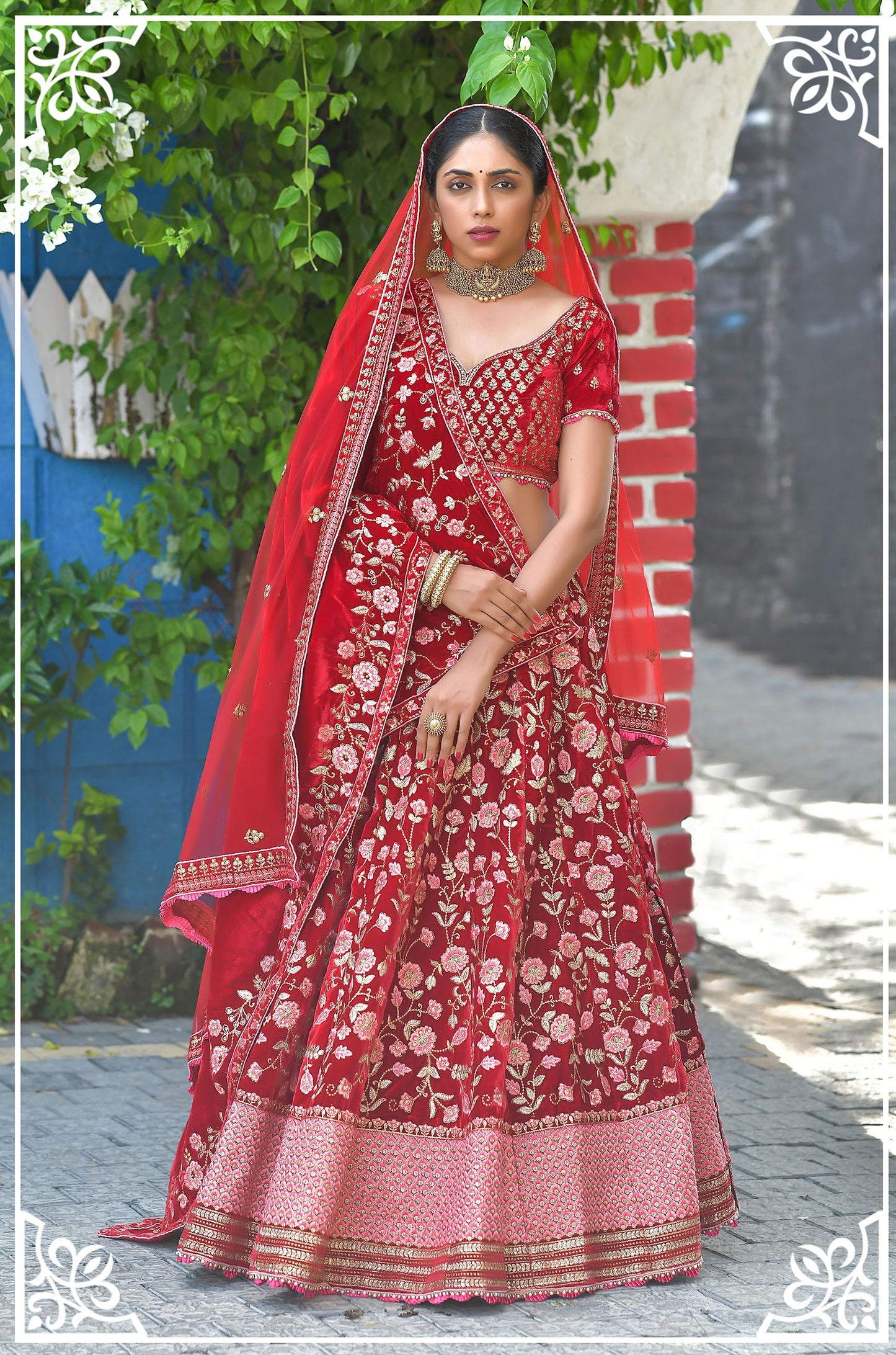 Dark Red Color Zari Velvet Bridal Lehenga Choli