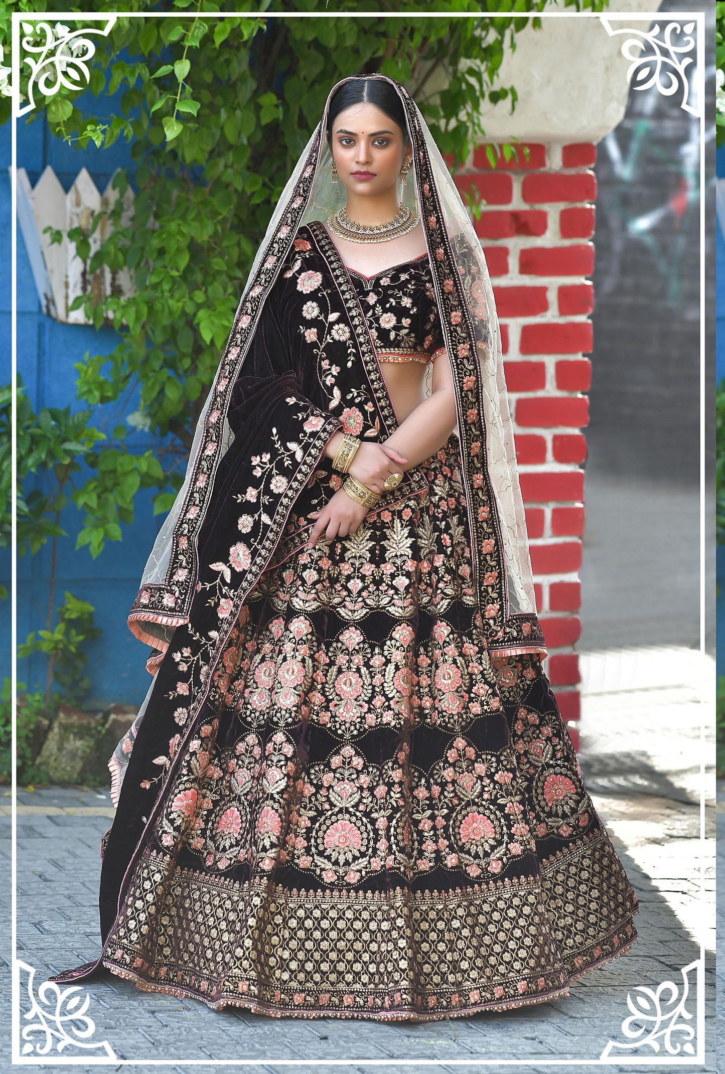 Brown Color Zari Velvet Bridal Lehenga Choli