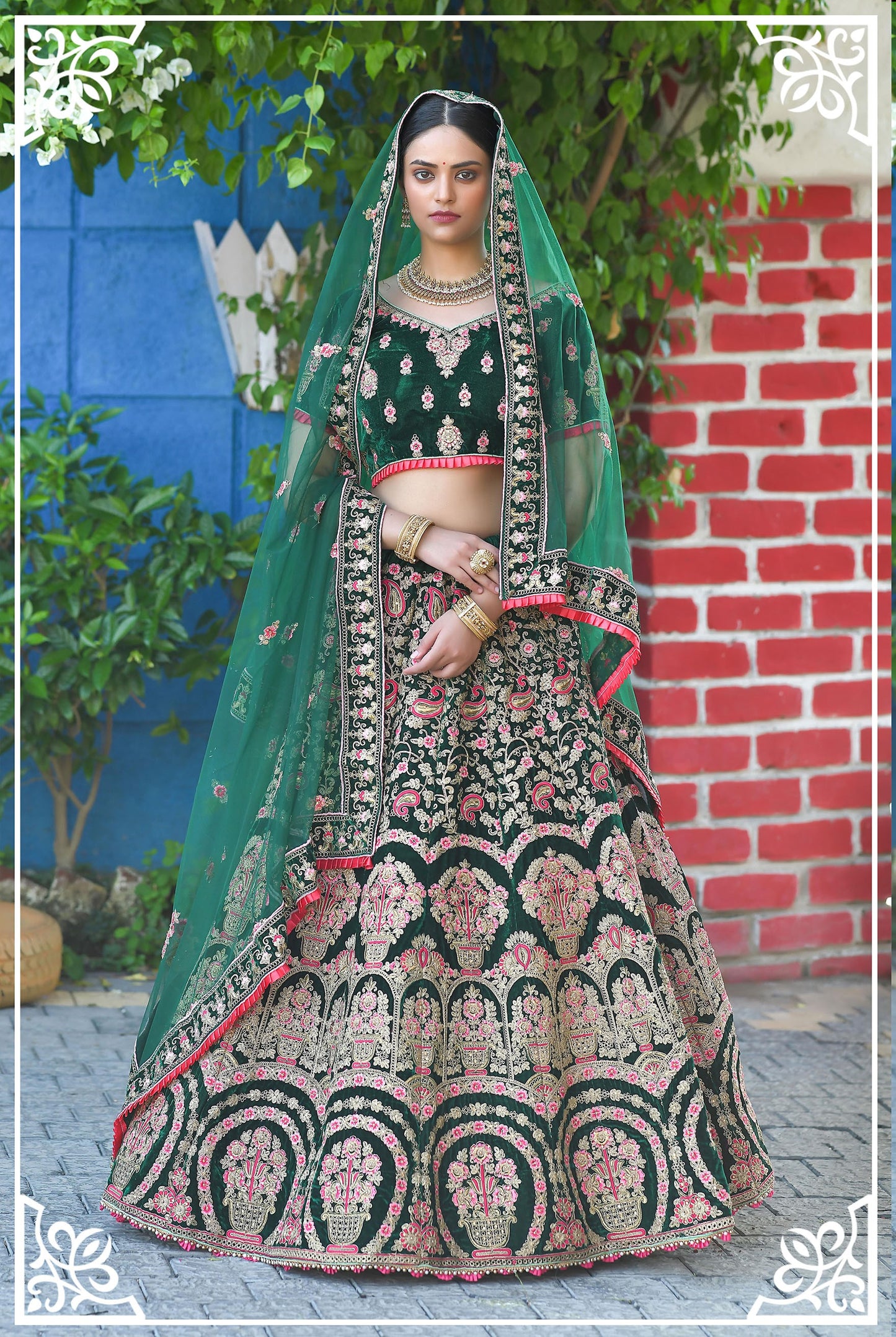 Dark Green Color Zari Velvet Bridal Lehenga Choli