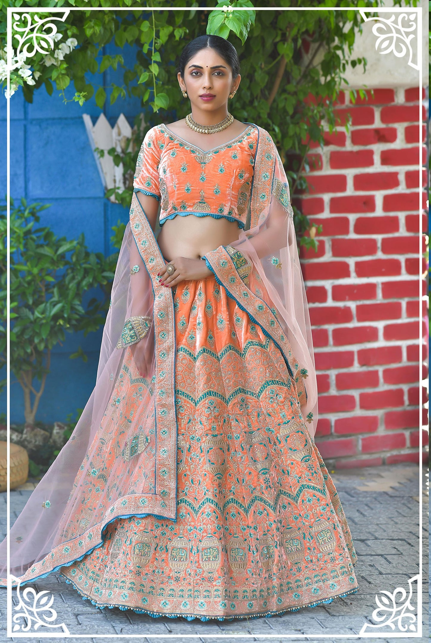 Orange Color Zari Velvet Bridal Lehenga Choli