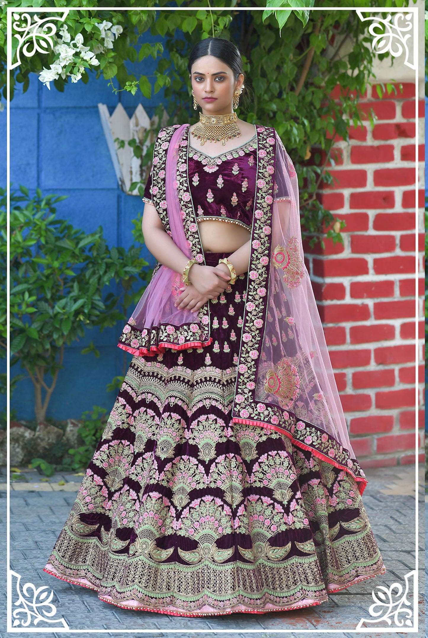 Purple Color Zari Velvet Bridal Lehenga Choli