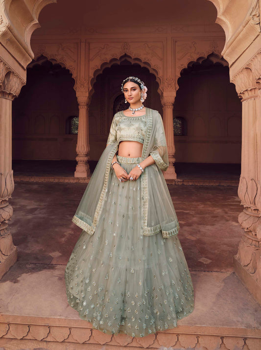 Stunning Grey Sequins Embroidery Net Lehenga Choli