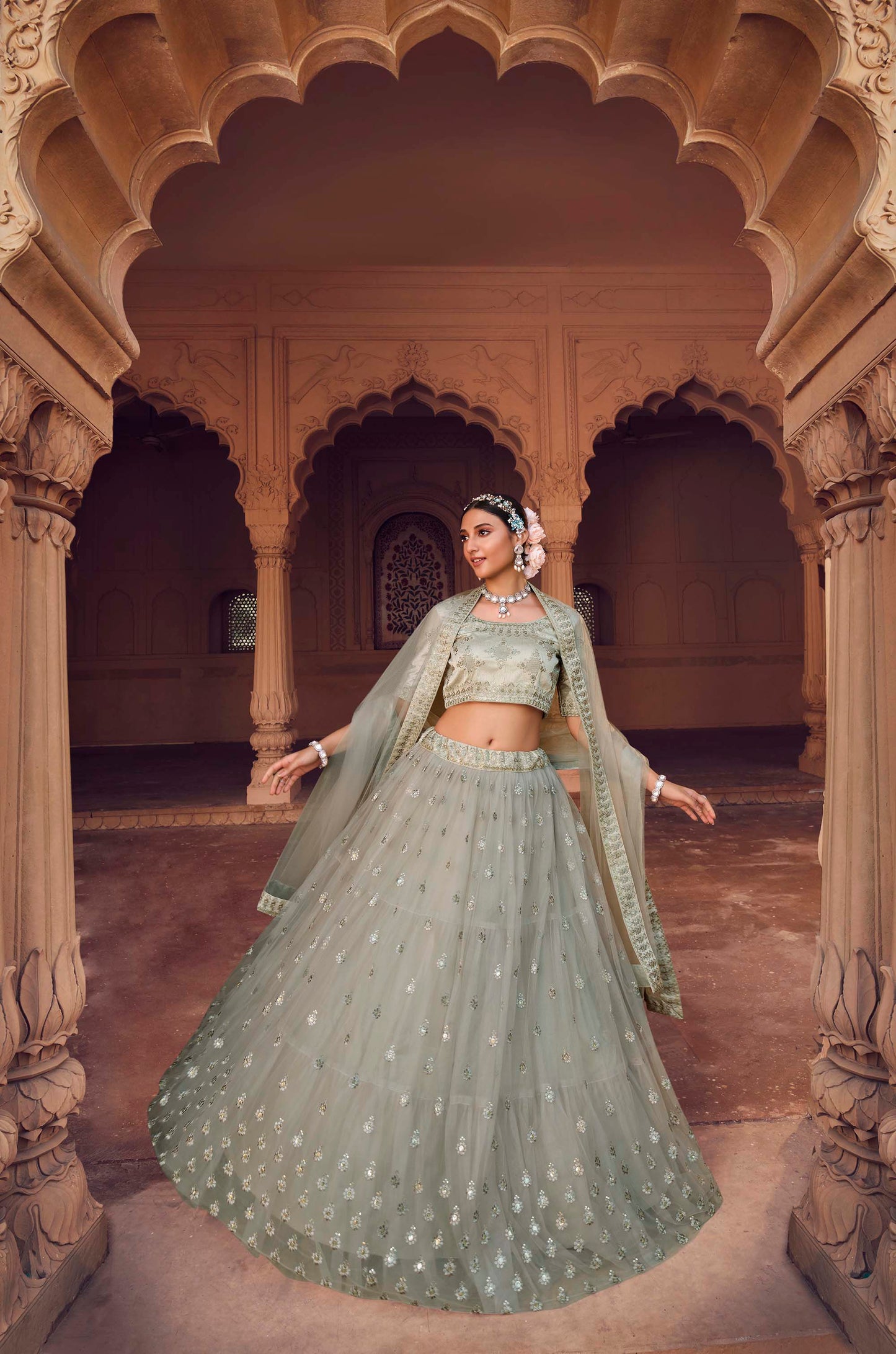 Stunning Grey Sequins Embroidery Net Lehenga Choli