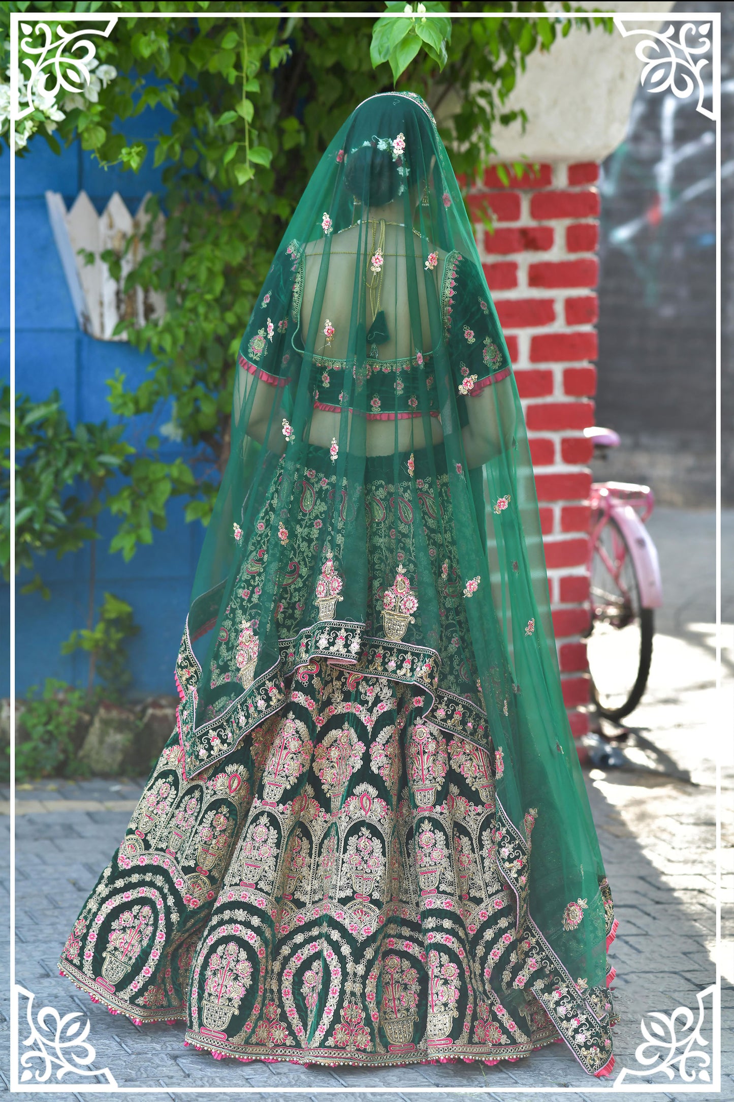 Dark Green Color Zari Velvet Bridal Lehenga Choli