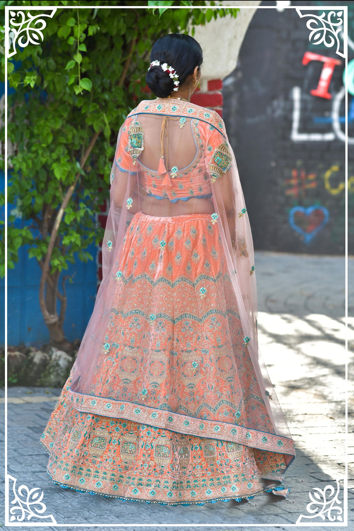 Orange Color Zari Velvet Bridal Lehenga Choli