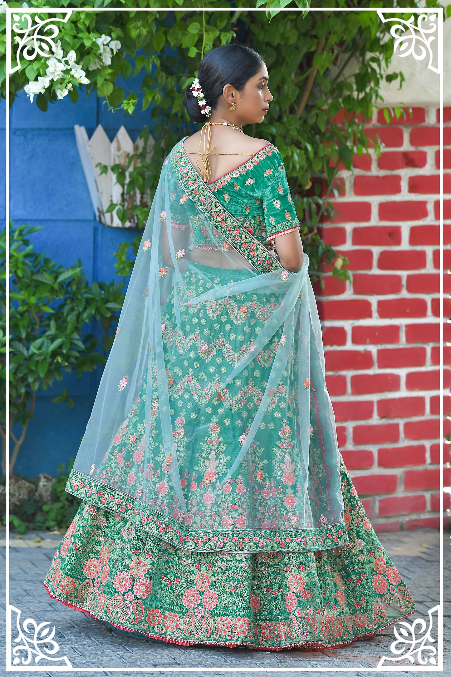 Light Green Color Zari Velvet Bridal Lehenga Choli