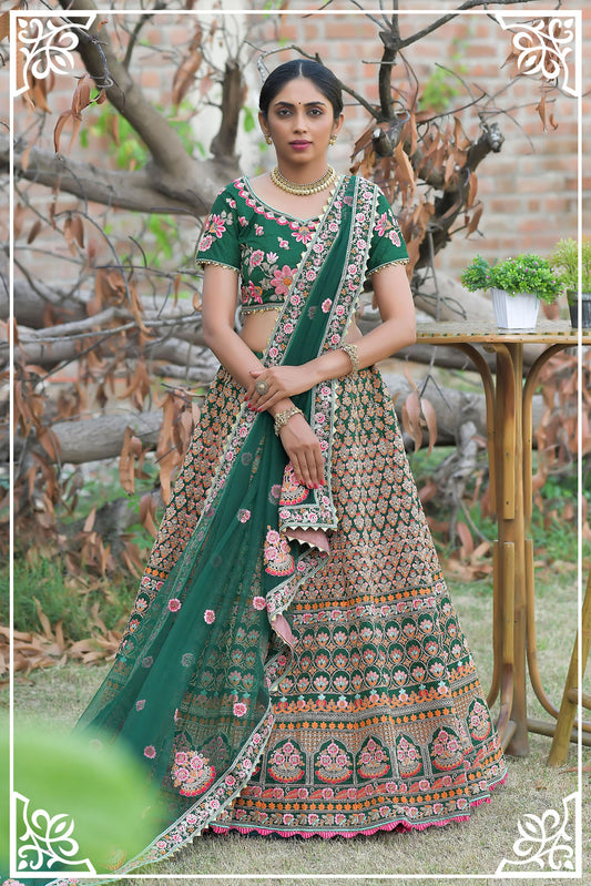 Green Color Pashmina Silk Zari Embroidery Bridal Lehenga