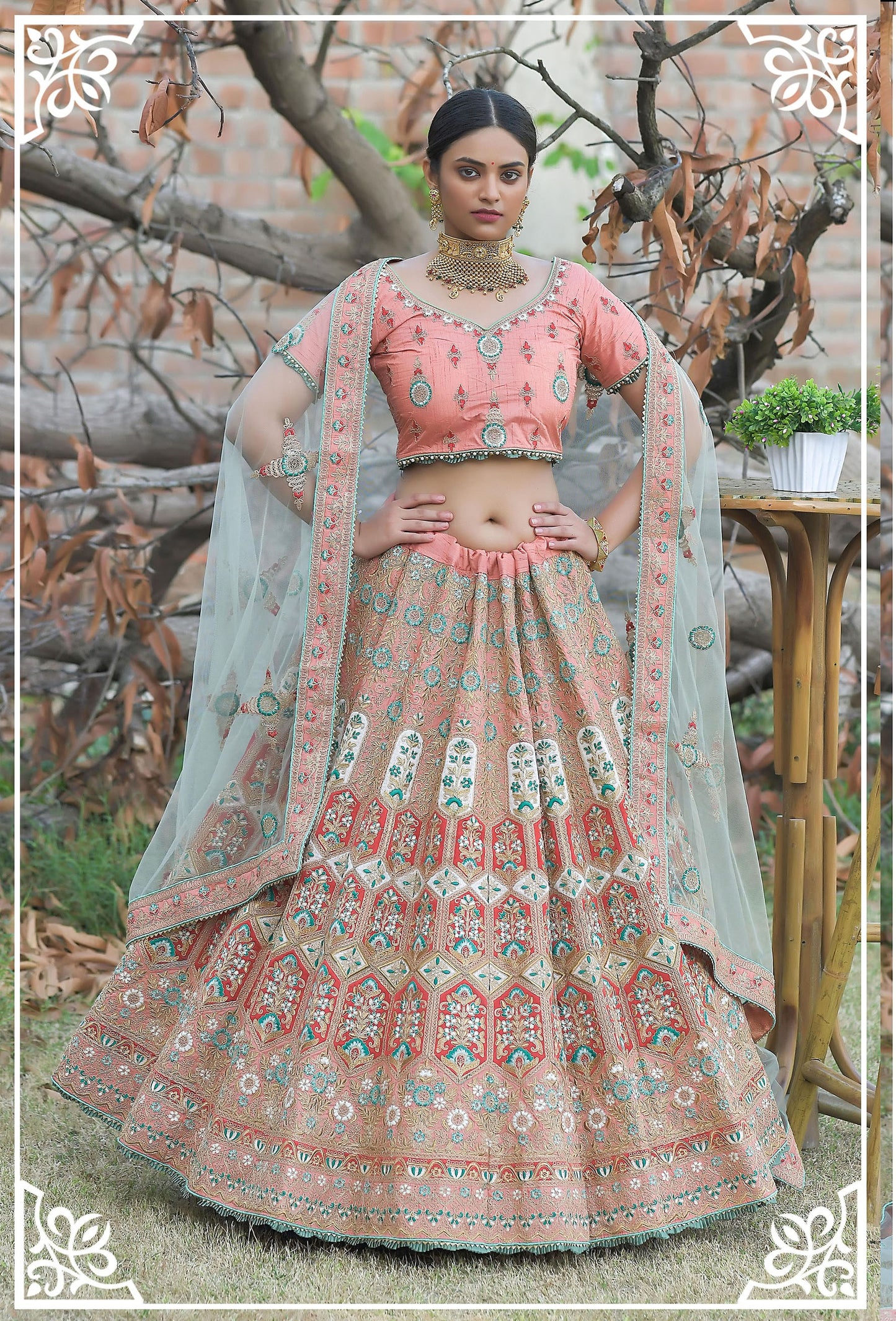 Pastel Peach Pashmina Silk Zari Embroidery Bridal Lehenga