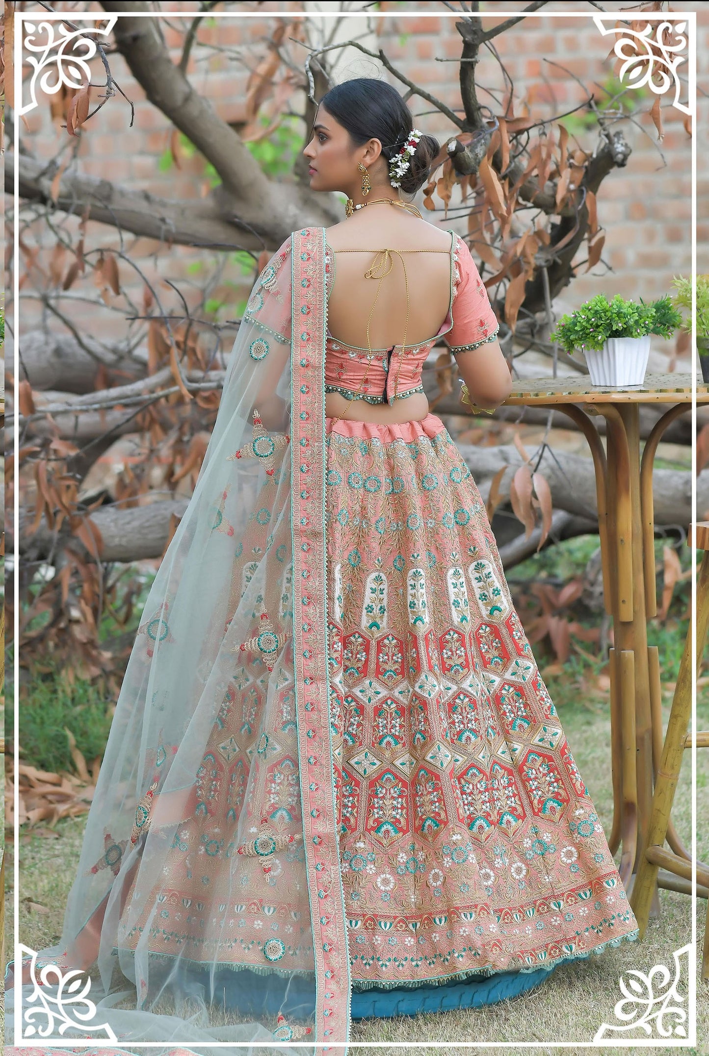 Pastel Peach Pashmina Silk Zari Embroidery Bridal Lehenga