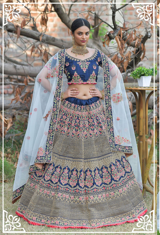 Blue Pashmina Silk Zari Embroidery Bridal Lehenga