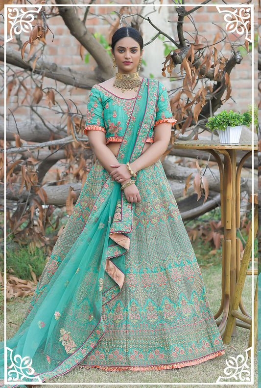 Green Pashmina Silk Zari Embroidery Bridal Lehenga