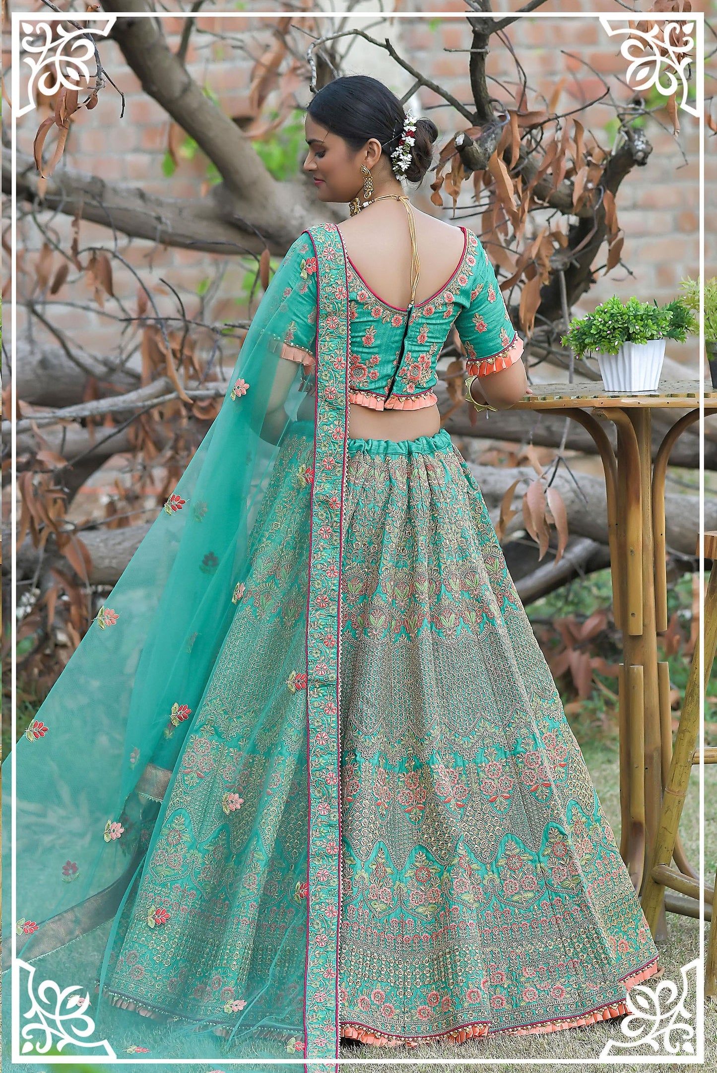 Green Pashmina Silk Zari Embroidery Bridal Lehenga