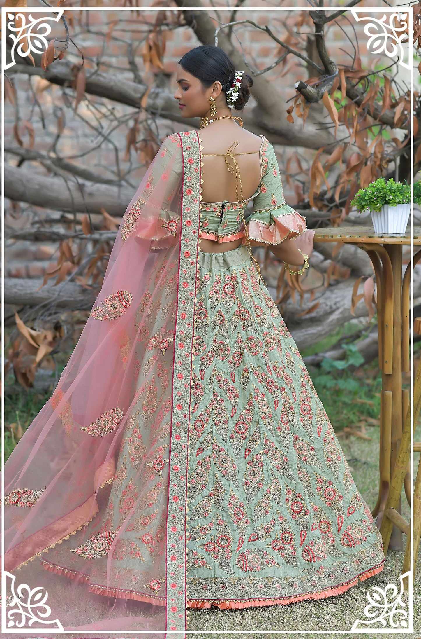 Pista Green Pashmina Silk Zari Embroidery Bridal Lehenga