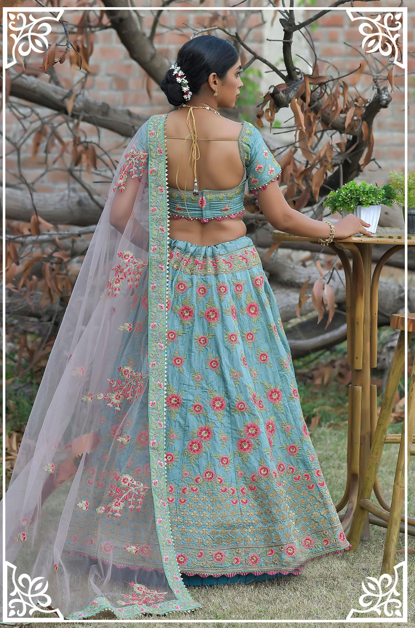 Light Green Pashmina Silk Zari Embroidery Bridal Lehenga