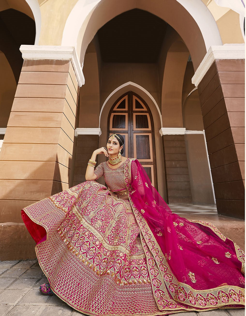 Dazzling Pink Color Bridal Velvet Lehenga