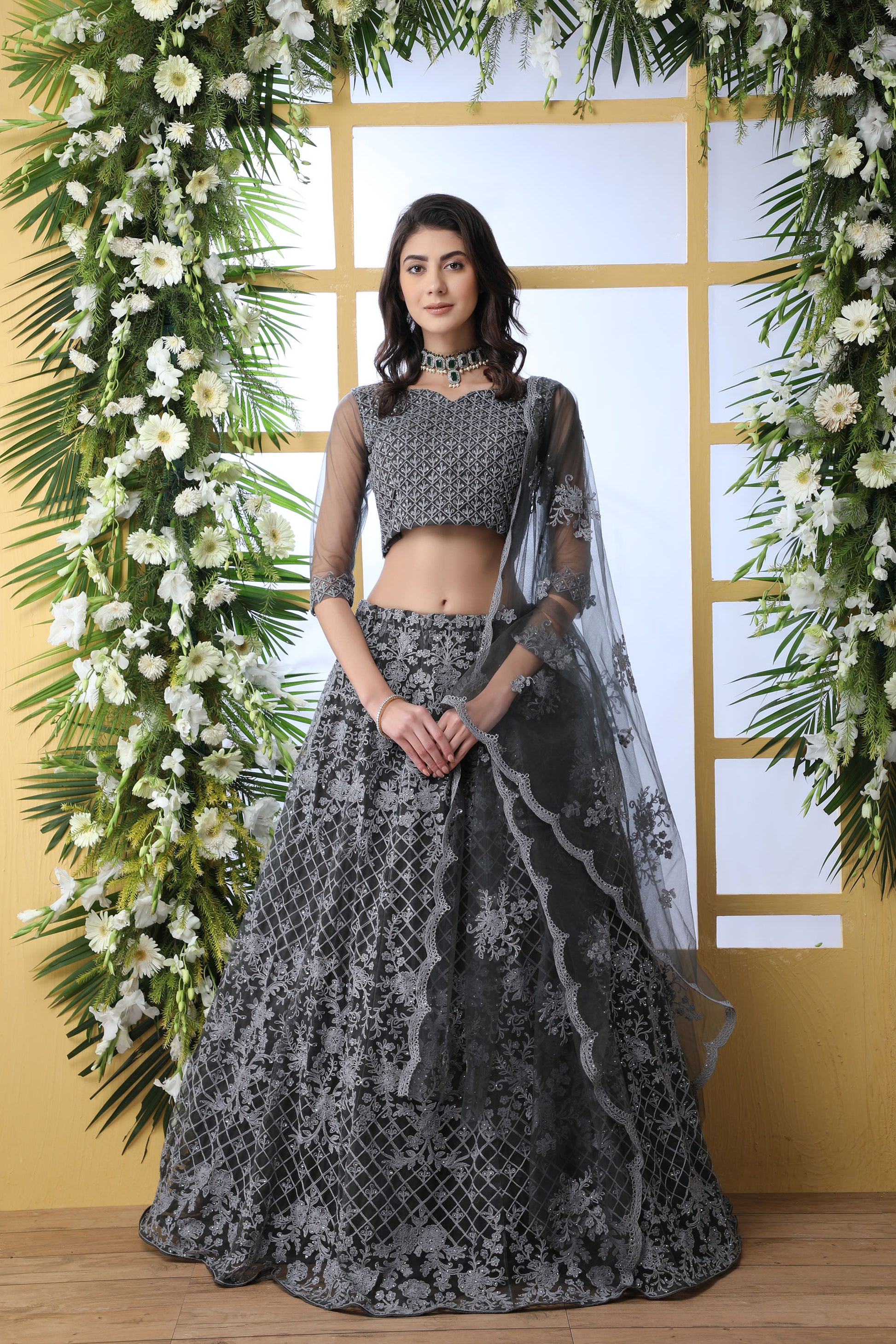 Grey Color Net Embroidered Lehenga Choli for Bridesmaid 1211