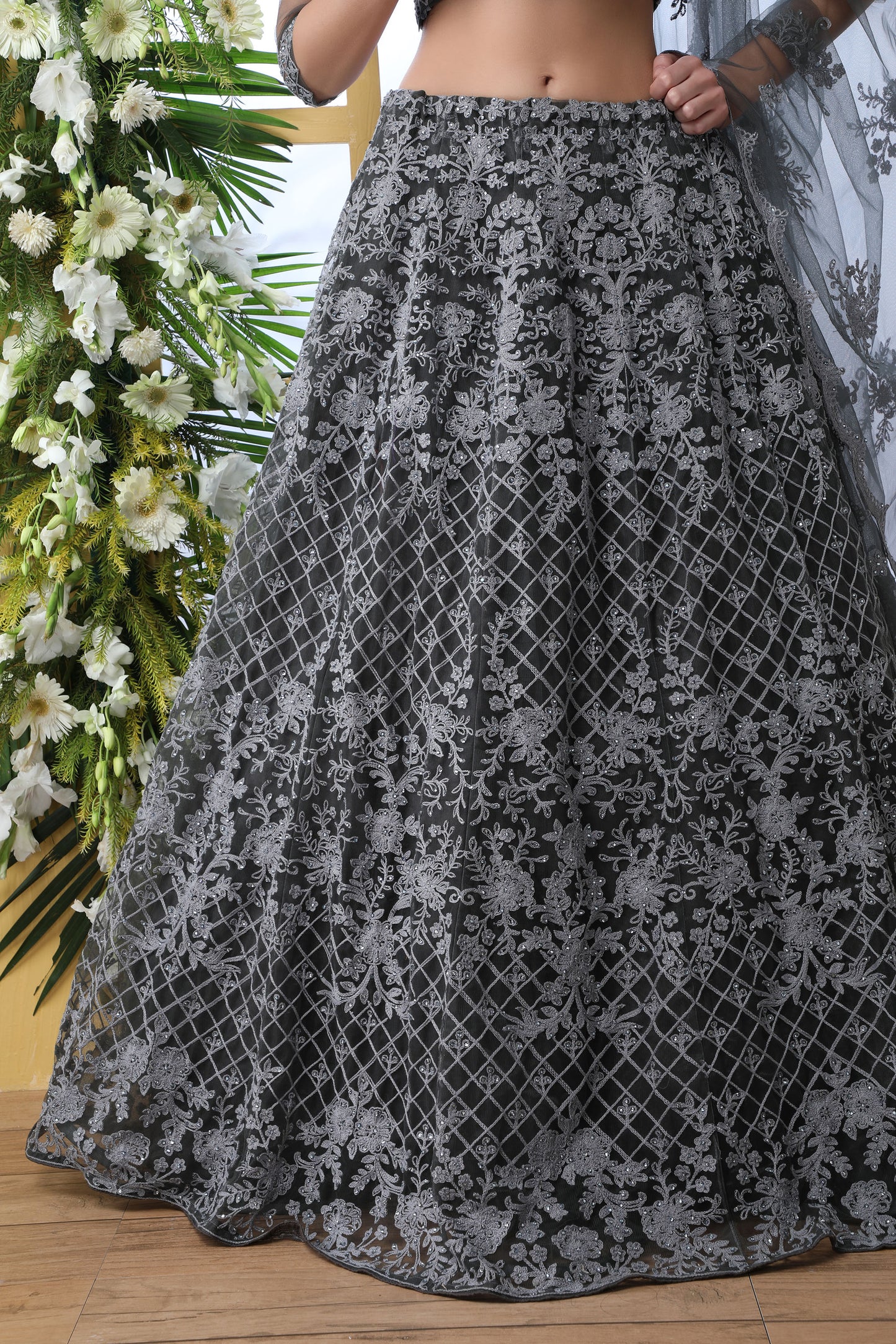 Grey Color Net Embroidered Lehenga Choli for Bridesmaid 1211