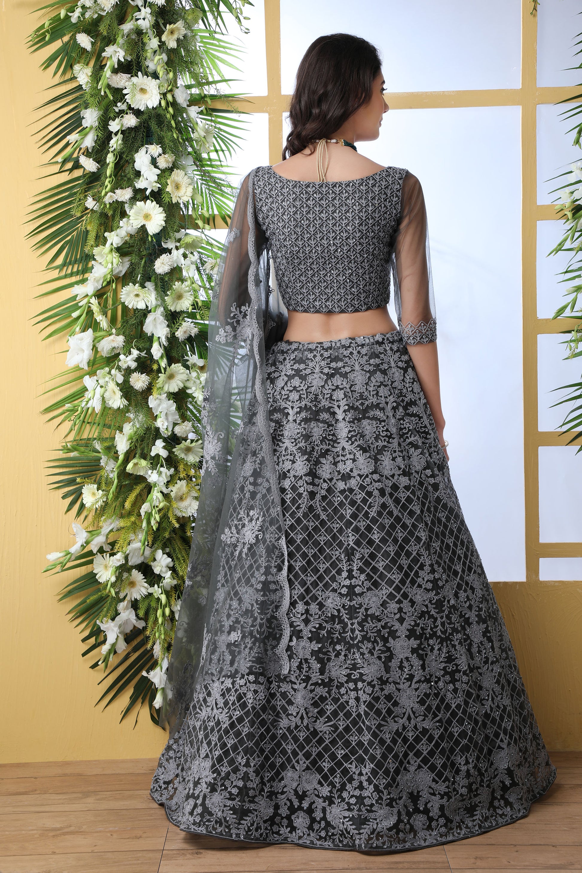 Grey Color Net Embroidered Lehenga Choli for Bridesmaid 1211