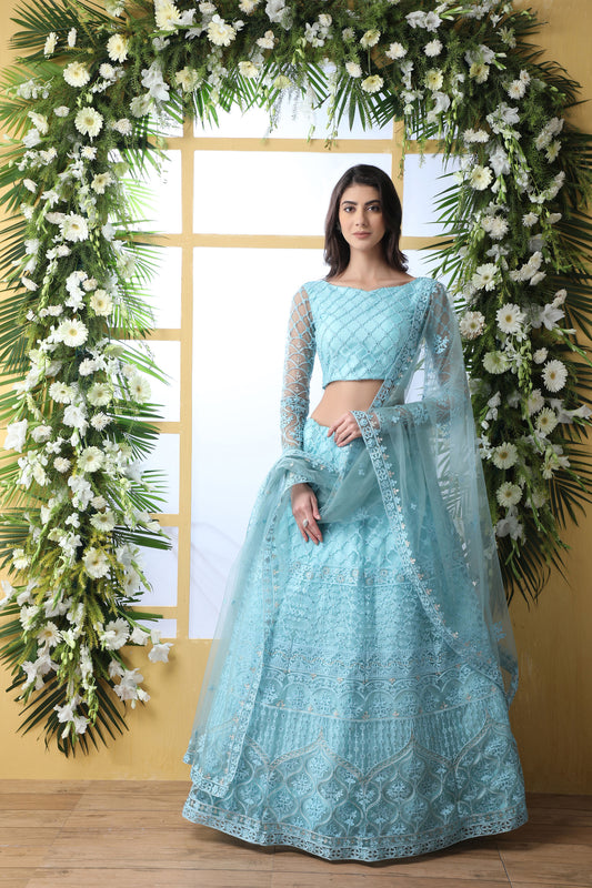 Sky Blue Color Net Embroidered Lehenga for Wedding Guest 1213