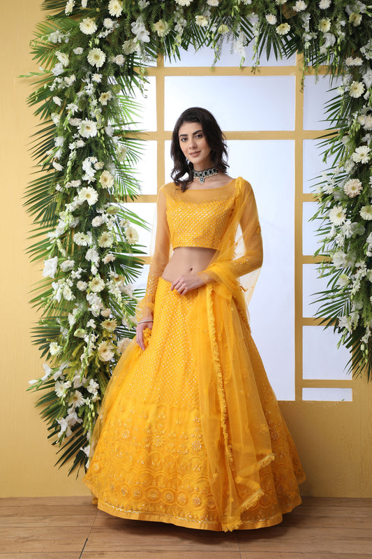 Yellow Net Embroidered Lehenga with Stone Pasting