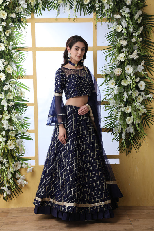 Dark Blue Net Embroidered Lehenga with Stone Pasting