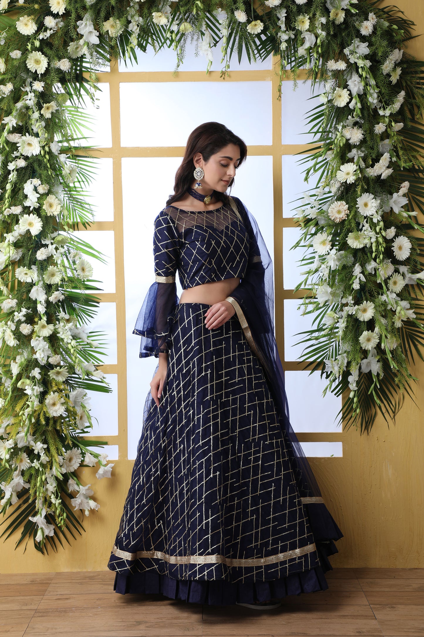 Dark Blue Net Embroidered Lehenga with Stone Pasting