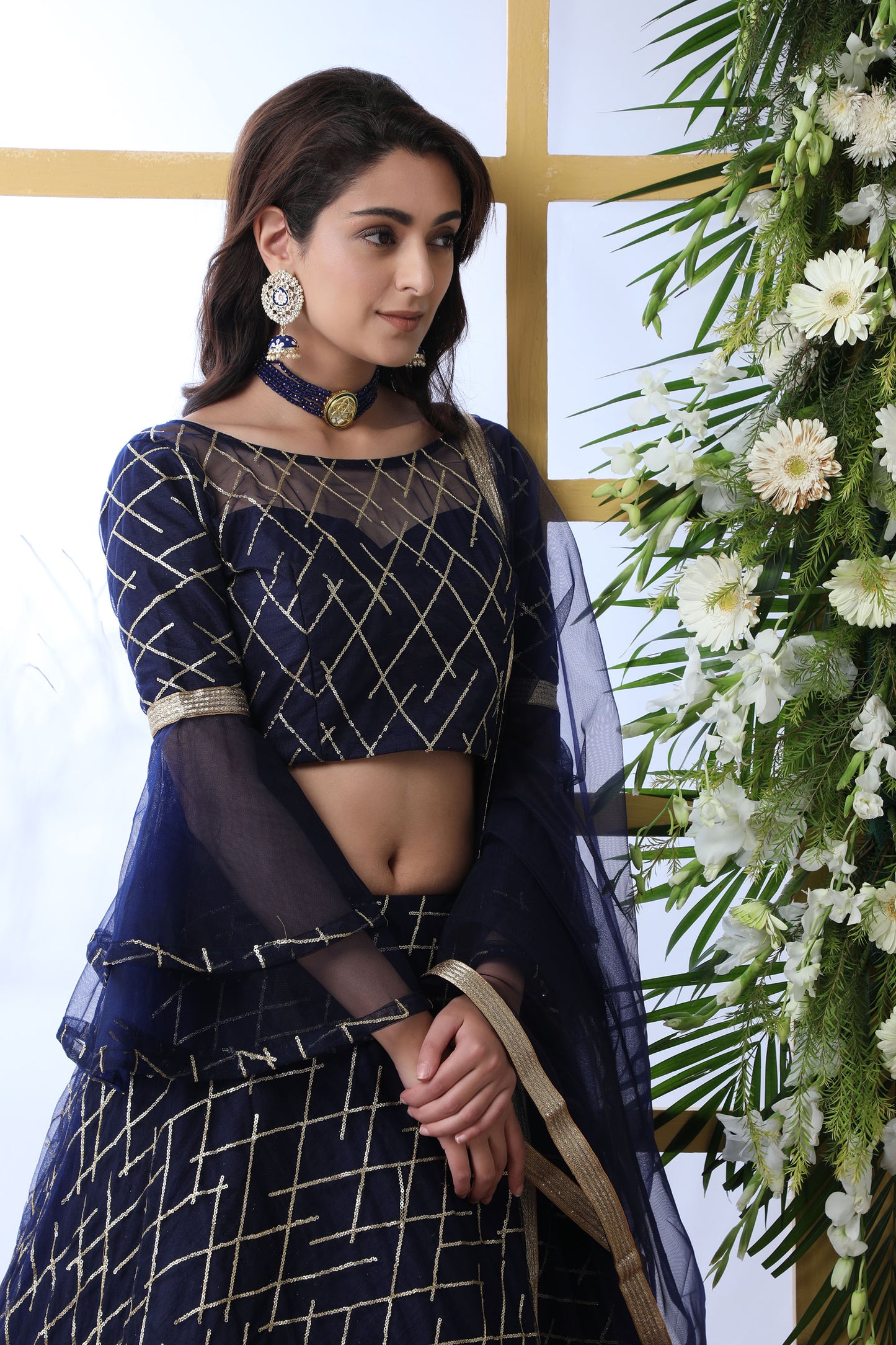 Dark Blue Net Embroidered Lehenga with Stone Pasting