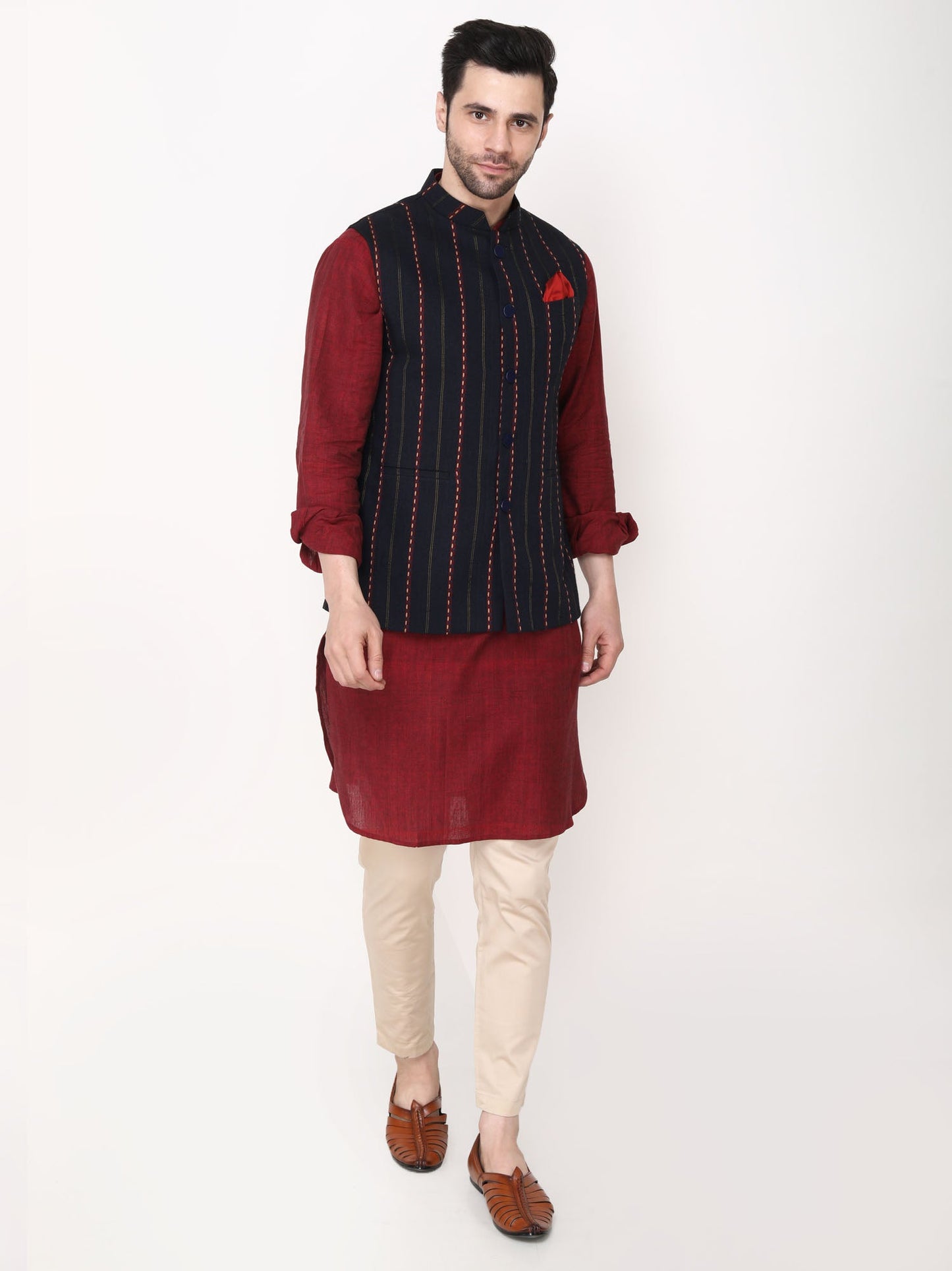 Navy Blue Handloom Nehru Jacket with Kurta Trouser-Plus