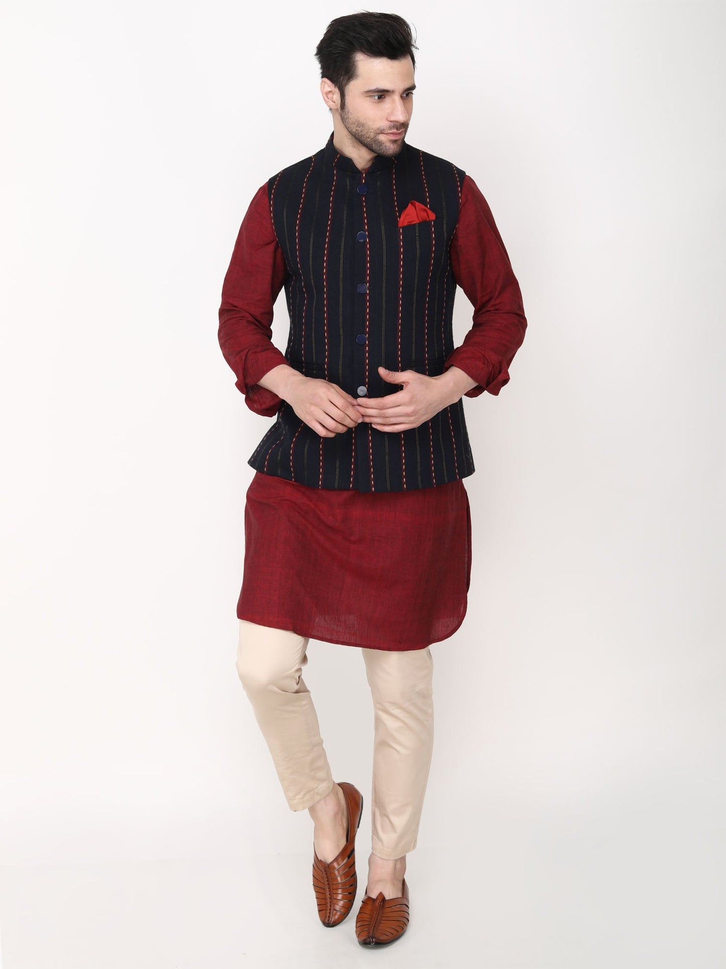 Navy Blue Handloom Nehru Jacket with Kurta Trouser-Plus